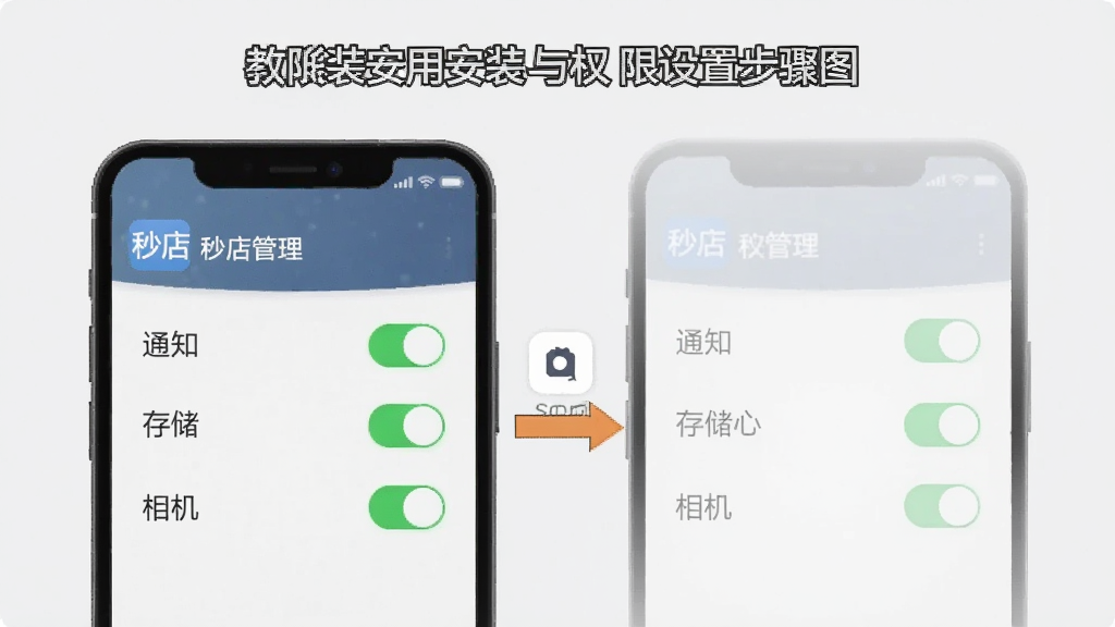 一张展示手机应用安装与权限设置步骤的示意图,画面中一部手机屏幕显示