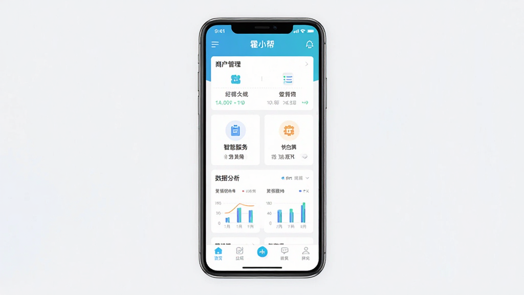 主体是一个手机屏幕展示霍小帮应用的主界面,布局为居中放置手机模型,屏幕内显示商户管理面板和智慧服务图标,排版简洁清晰,风格为现代扁平化UI设计,细节包括顶部状态栏、底部导航菜单、功能卡片和数据分析图表,画质高清,画面干净,无多余元素,图片中文字内容为“霍小帮”