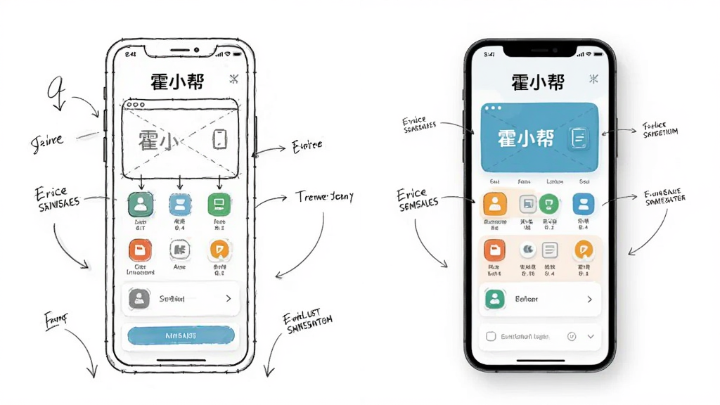 主体是霍小帮应用界面设计草图与成品界面对比展示,布局为左侧手绘线稿右侧彩色成品,排版并列对照,风格为UI设计展示风格,细节包括界面框架、图标设计、配色方案和标注文字,画质清晰,画面干净,无多余元素,界面中文字为“霍小帮”