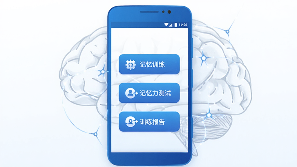 记忆力软件主界面展示,主图为一个蓝色调的安卓手机屏幕,屏幕中央显示记忆力应用首页,包含记忆训练、记忆力测试、训练报告三个主要功能入口按钮,背景为干净的白色渐变,手机周围有淡淡的脑部神经网络线条装饰,整体风格清新科技感,画质清晰,无多余元素