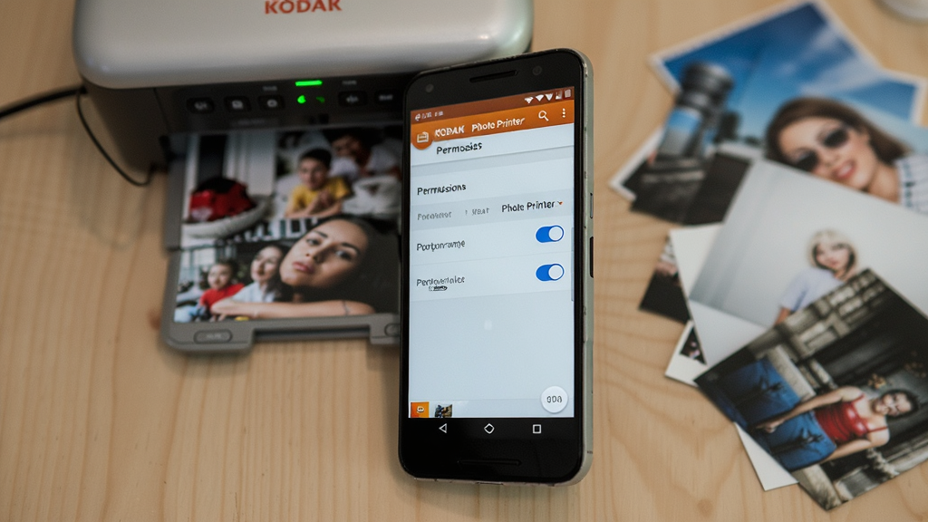 一部安卓手机放在桌面上,屏幕显示 KODAK Photo Printer 应用的权限设置界面,背景是柯达照片打印机和散落的照片,布局为俯视角度,风格为生活记录风,细节包括手机屏幕上的权限开关按钮和打印机指示灯,画质清晰,干净无杂乱