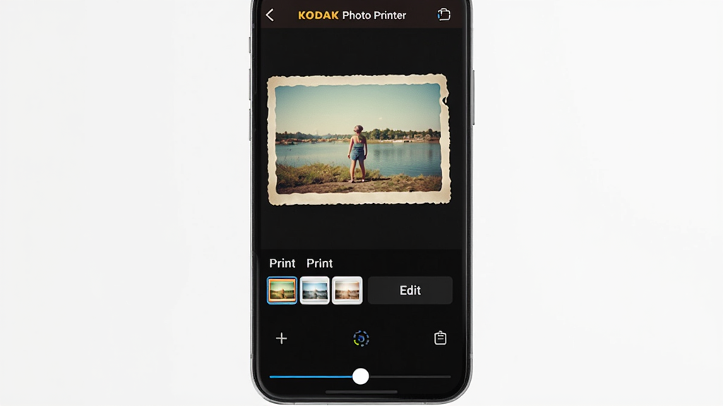 一张展示手机屏幕内 KODAK Photo Printer 应用编辑界面的图片,屏幕上显示一张经过滤镜处理并添加了复古边框的照片,下方有打印和编辑按钮,布局为居中展示,风格为清新明亮风,细节包括滤镜缩略图和色彩饱和度调节滑块,画质高清,背景干净