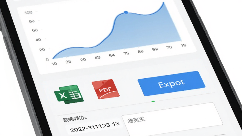 主体是手机屏幕展示数据报表与导出按钮,布局为上下结构,排版上方为曲线图下方为导出选项,风格为现代商务扁平风,细节包括Excel图标、PDF图标、时间戳标签与备注输入框,画质高清干净无多余元素