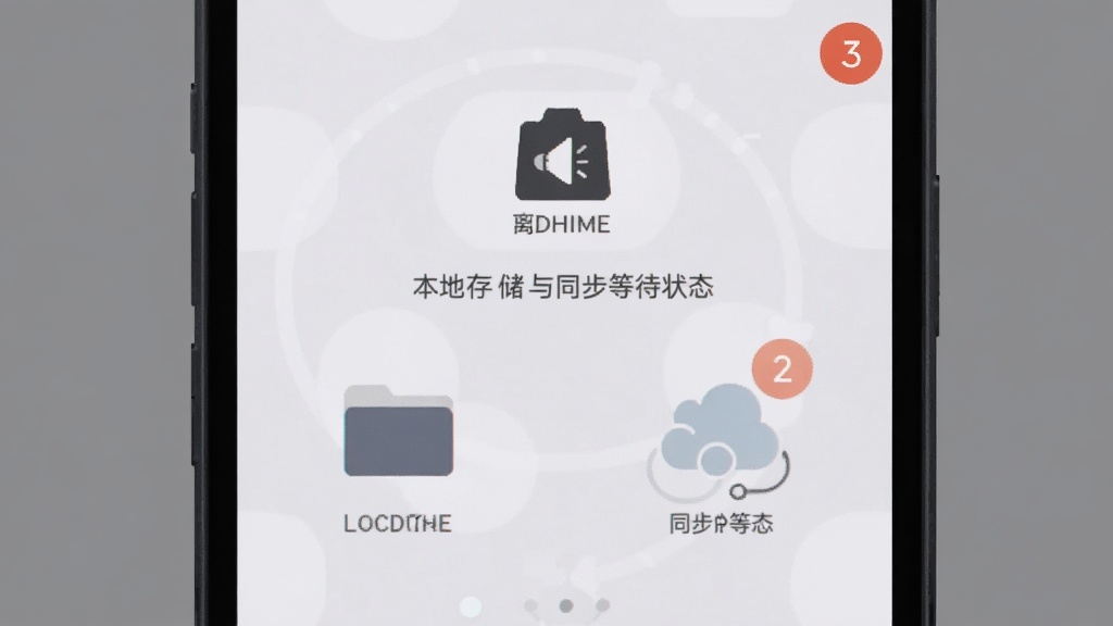 主体是手机在无网络环境下显示离线模式界面,布局为居中构图,排版突出本地存储与同步等待状态,风格为极简功能风,细节包括离线图标、本地文件夹、待同步数字角标与灰色调背景,画质干净无多余元素