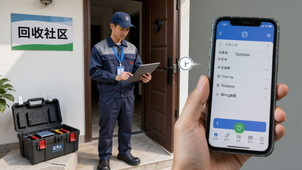 回收工程师上门服务场景,画面中一位穿工装的质检员在用户家门口使用平板电脑检测手机,旁边有工具箱和