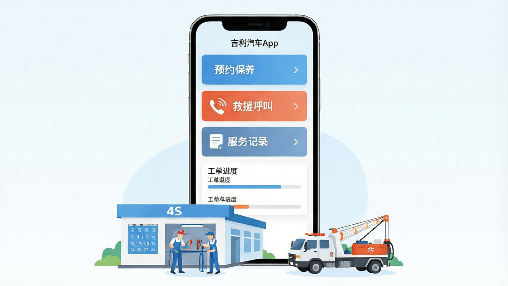 一张展示吉利汽车App售后服务界面的插画。画面中央为手机屏幕,显示“预约保养”“救援呼叫”“服务记录”三个卡片。手机下方延伸出4S店建筑、维修技师和道路救援拖车等元素。布局为垂直排列,风格温馨专业,以浅蓝和白色为主。细节包括保养提醒日历、工单进度条。画质高清,干净,无多余元素。