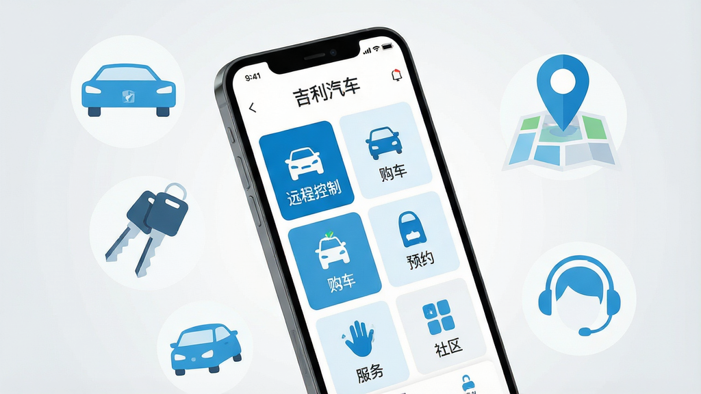 一张展示吉利汽车App核心功能的手机界面合成图。画面中央是一部竖屏智能手机,屏幕内显示吉利汽车App首页,包含车辆控制、购车、服务、社区等图标模块。手机周围环绕着汽车、钥匙、地图定位、客服耳机等扁平化图标,以浅蓝色和白色为主色调。布局采用居中构图,手机略微倾斜,背景为干净的浅灰渐变。风格为现代科技感扁平插画,细节清晰,文字使用引号标注“吉利汽车”“远程控制”“预约试驾”。画质高清,画面干净,无多余元素。