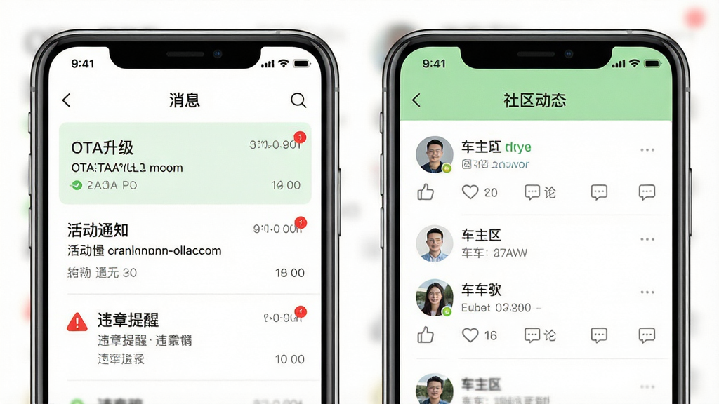 一张展示吉利汽车App消息中心与社区界面的手机样机图。画面中并排展示两部手机,左侧屏幕为消息列表,包含“OTA升级”“活动通知”“违章提醒”等条目;右侧屏幕为社区动态,有车主头像、点赞和评论图标。布局为水平并排,风格清新简约,以白色和浅绿色为主。细节包括未读红点、时间戳。画质高清,干净,无多余元素。