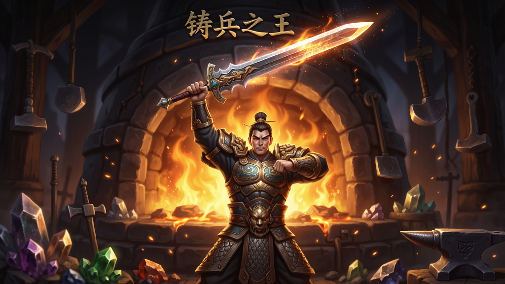 一位身穿铠甲的角色站在巨大的熔炉前,双手举起一把正在发光的剑,熔炉中喷涌出金色火焰,周围散落着各种矿石和铸造工具,画面主体为人物与神兵,布局采用三分法构图,风格为东方奇幻CG插画,细节包括铠甲纹路、火焰粒子、矿石光泽,画质高清,干净,无多余元素,画面中带有“铸兵之王”文字
