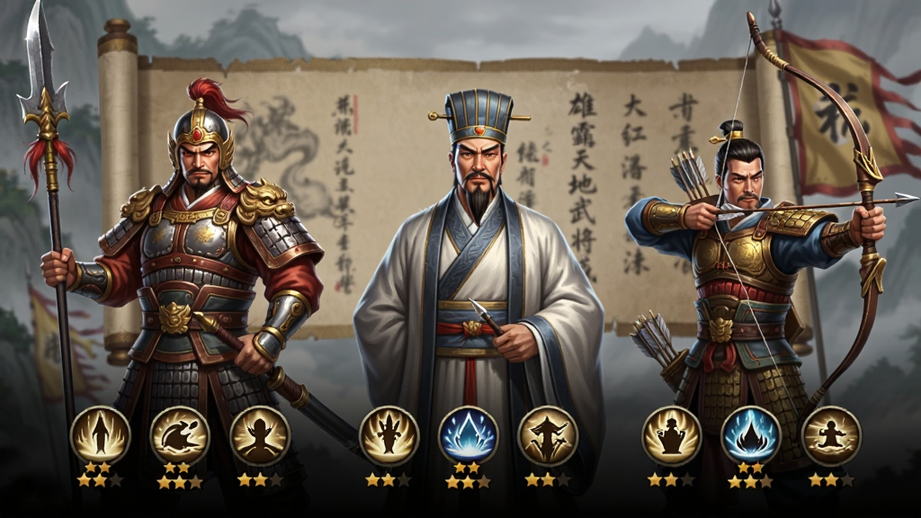 雄霸天地武将养成界面,画面中展示三位古代武将立绘,左侧为持枪武将,中间为谋士形象,右侧为弓箭手,每位武将下方有技能图标与星级标识,背景是古风卷轴与战旗,风格写实偏玄幻,布局清晰,干净无多余元素,高清画质