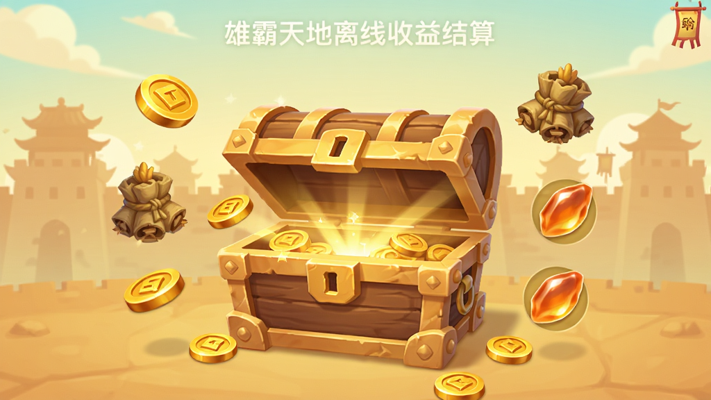 雄霸天地离线收益结算界面,画面中央是一个古风宝箱正在打开,周围漂浮着金币、粮草与经验丹图标,背景是简化的城池剪影,色调温暖明亮,布局居中对称,风格卡通写实,干净整洁,高清画质