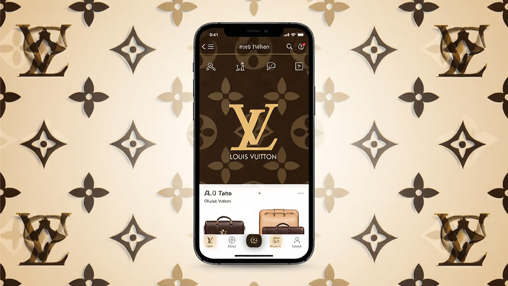 һ�������ֻ��������ţ���Ļ��ʾLouis Vuitton�ٷ�Ӧ����ҳ���棬����ɫ���ɫΪ��ɫ��������Ϊǳ��ɫ���䣬��Χ��׺Ʒ�ƾ���Monogram����ͼ�������ּ�����������ݻ�����ϸ�ھ������������ʳ����壬����ɾ����޶���Ԫ��