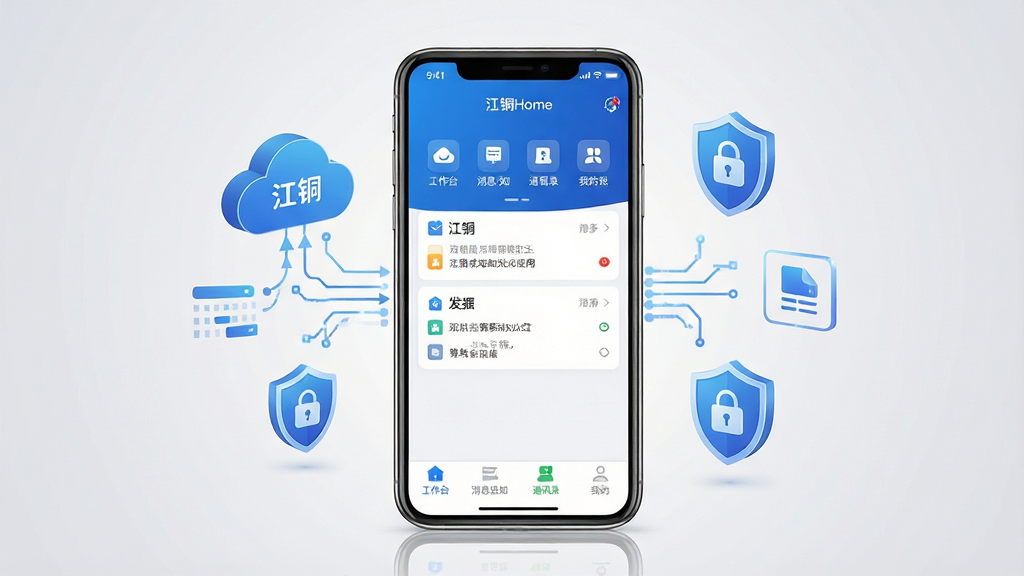 一张展示江铜Home移动办公应用主界面的场景图,画面中央是一部竖屏智能手机,屏幕内清晰显示江铜Home应用界面,包含工作台、消息通知、通讯录、我的等底部导航栏,界面主色调为蓝色与白色搭配,简洁商务风格。手机周围环绕着抽象的云计算、数据流、安全盾牌等科技元素图标,象征智慧办公与数据安全。背景为浅灰色渐变,整体布局干净有序,风格偏向现代企业级APP宣传图,细节处可见界面图标与文字清晰可辨,画质高清,整体干净无多余装饰元素。