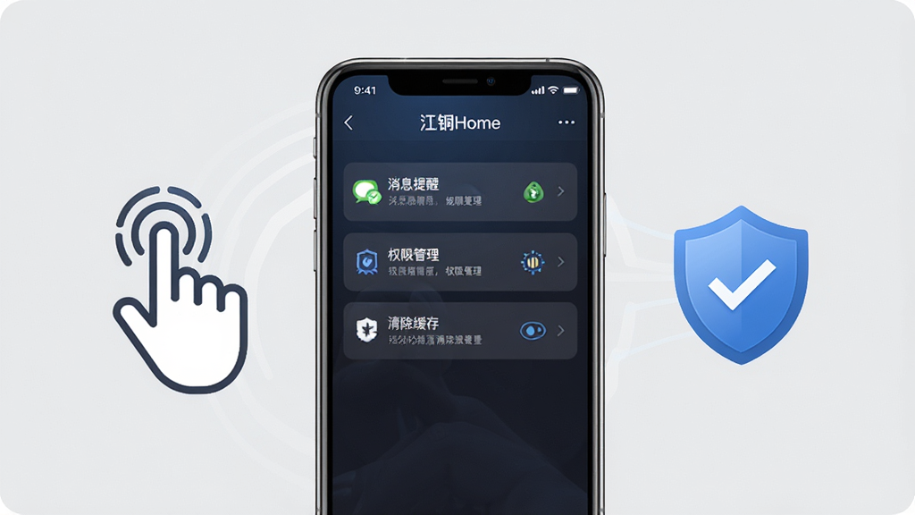 一张展示江铜Home移动端使用攻略的AI生图,画面主体为一部智能手机,屏幕中显示江铜Home的设置界面,包含消息提醒、权限管理、清除缓存等选项。手机旁边有抽象的手指点按图标与盾牌安全图标,象征操作与安全。背景为浅灰色,整体布局简洁清晰,风格偏向教程说明图,细节处文字与图标可辨,画质高清,干净无多余元素。