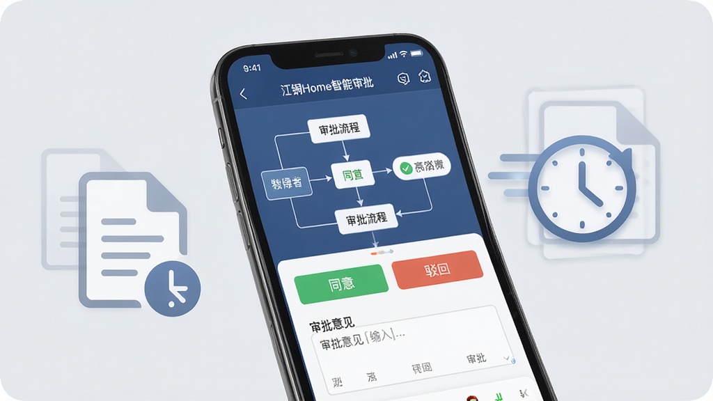 一张展示江铜Home智能业务审批功能的AI生图,画面主体为一部智能手机,屏幕中呈现江铜Home的审批详情页面,包含审批流程图、同意与驳回按钮、审批意见输入框等元素。手机旁边有抽象的文件图标与时钟图标,象征高效流转。背景为浅灰色,整体布局简洁明了,风格偏向企业办公场景,细节处文字与图标清晰可见,画质高清,画面干净整洁。