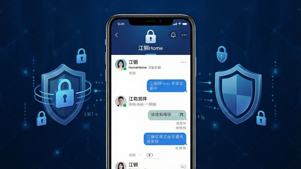 一张展示江铜Home企业级安全通讯功能的AI生图,画面中心为一部智能手机,屏幕内显示江铜Home的聊天界面,包含联系人列表与对话气泡,界面顶部有锁形安全图标。手机两侧有抽象的数据加密符号与盾牌图形,象征通讯安全。背景采用深蓝色调,带有细微的网格纹理,整体风格科技感与商务感并重,布局对称,细节清晰,画质高清,干净无多余元素。