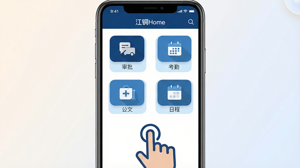 一张展示江铜Home统一移动办公门户功能的AI生图,画面主体为一部智能手机,屏幕中呈现江铜Home应用的工作台界面,界面内整齐排列着审批、考勤、会议、公文、日程等多个功能图标,图标采用扁平化设计,主色调为深蓝色与浅蓝色交替,布局清晰有序。手机下方有抽象的手部点击图标,象征便捷操作。背景为柔和的浅色渐变,整体风格简洁商务,细节丰富,画质高清,画面干净无杂乱元素。