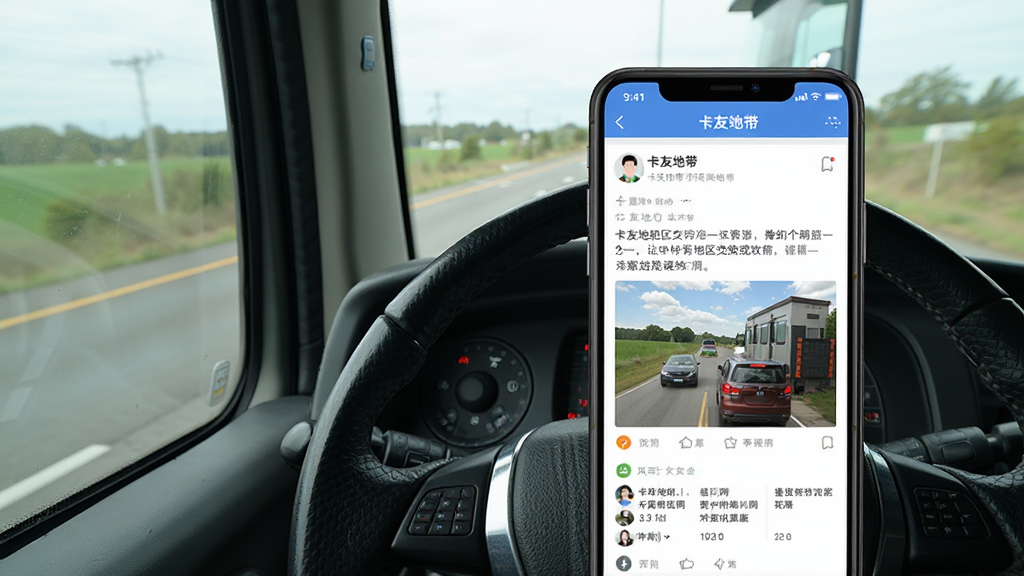 一张展示卡友地带社区交流功能的图片,画面中手机屏幕显示卡友地带APP的社区帖子列表,包含文字和图片内容,手机放置在卡车方向盘旁边,背景是公路行驶中的窗外景色,整体风格真实自然,细节丰富,画质清晰干净,无多余元素
