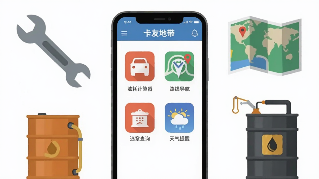 一张展示卡友地带实用工具集合的图片,画面中手机屏幕显示卡友地带APP的工具页面,包含油耗计算器、路线导航、违章查询、天气提醒等图标,手机周围环绕着扳手、地图、油桶等元素,整体布局整齐清晰,风格扁平化设计感,细节丰富,画质清晰干净,无多余元素