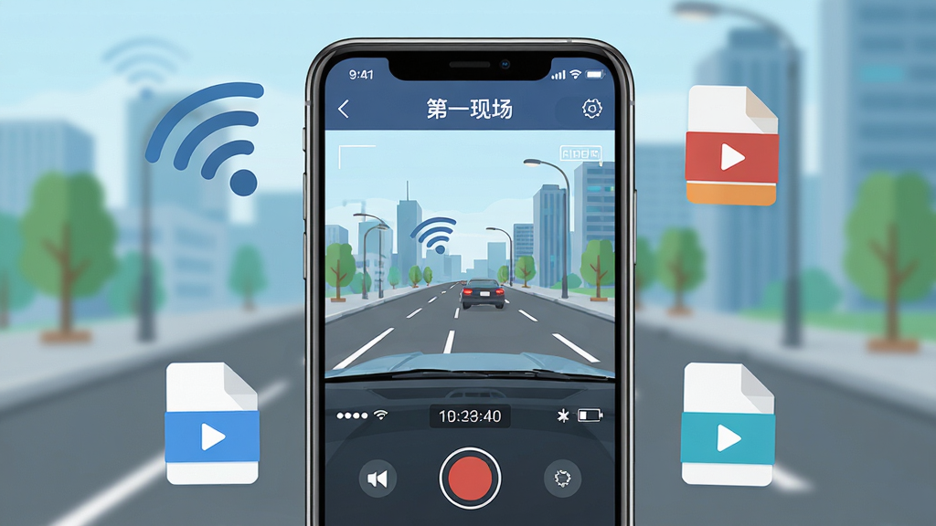 画面中央展示一部智能手机,屏幕中显示“第一现场”APP界面,界面内呈现行车记录仪实时画面,背景为城市道路,手机周围环绕Wi-Fi信号图标和视频文件图标,布局采用居中构图,风格为科技感扁平插画,细节包括状态栏、录制按钮、时间戳,画质高清,干净,无多余元素
