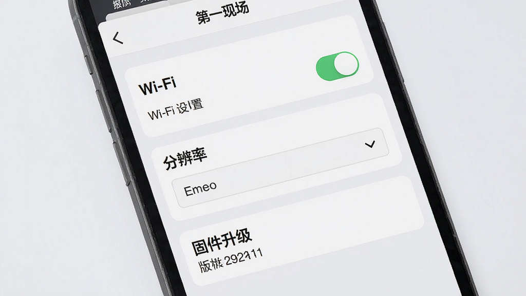 画面展示手机屏幕中“第一现场”APP的设置界面,包含Wi-Fi设置、分辨率选择、固件升级等选项,背景为浅灰色,布局为纵向列表,风格为极简扁平化设计,细节包括开关按钮、下拉菜单、版本号,画质高清,干净,无多余元素