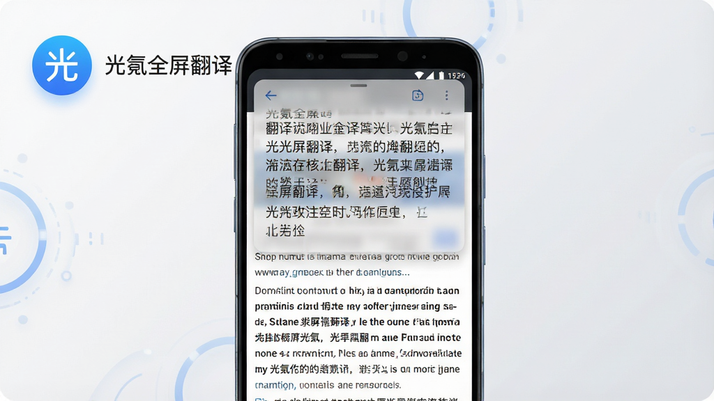 一张展示光氪全屏翻译核心功能的手机界面效果图,画面中央是一部竖屏安卓手机,屏幕内显示一段英文新闻网页,页面上方覆盖着一层半透明翻译浮层,浮层内是排版整齐的中文译文,手机左上角悬浮着光氪全屏翻译的圆形蓝色图标,图标旁有“光氪全屏翻译”文字标识,背景为干净的浅灰渐变,整体风格简洁科技感,画质清晰,无多余元素