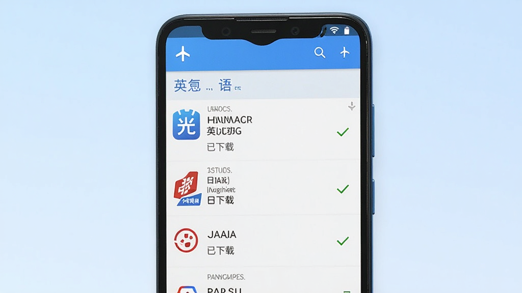 一部安卓手机显示光氪全屏翻译的离线包管理界面,界面中列出了多个语言包及其下载状态,其中英语和日语显示“已下载”,手机处于飞行模式状态,背景为淡蓝色渐变,整体风格干净整洁,画质清晰