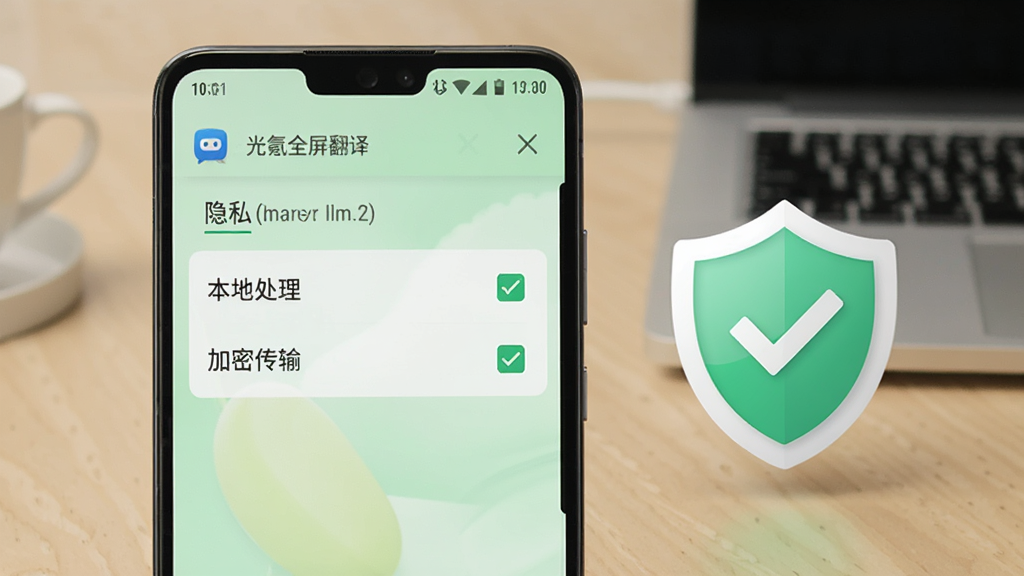 一部安卓手机屏幕显示光氪全屏翻译的隐私设置页面,页面上有“本地处理”“加密传输”等选项被勾选,背景为浅绿色护眼色调,手机旁有一个盾牌图标象征安全保护,整体风格商务简洁,画质清晰干净