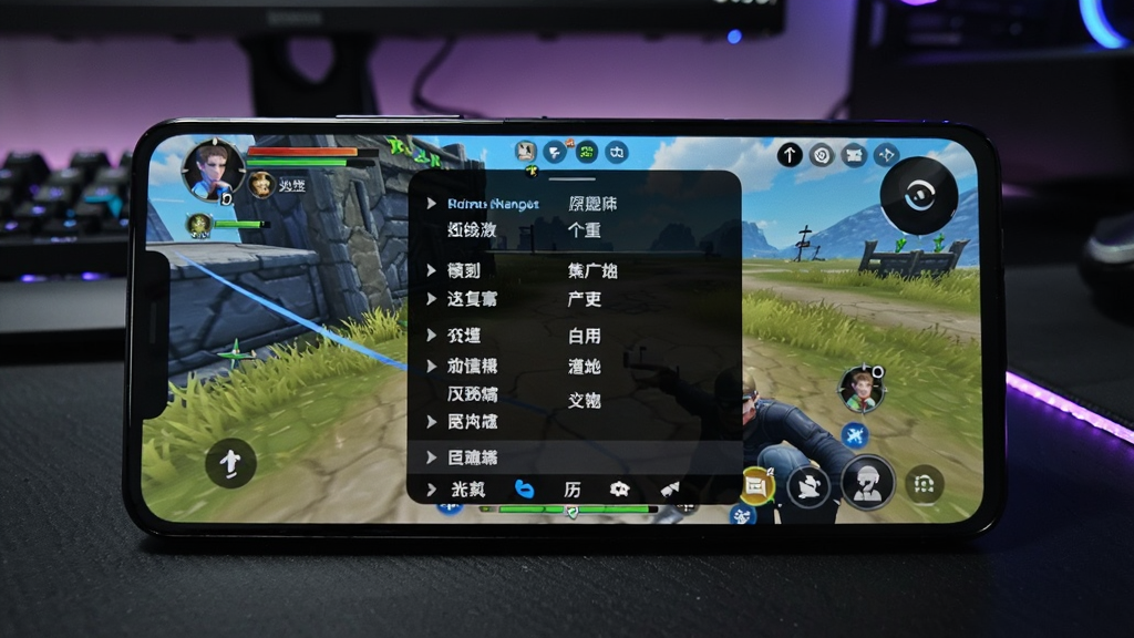 一部安卓手机显示光氪全屏翻译在游戏场景中的使用效果,手机横屏,游戏画面为英文界面,翻译浮层将英文菜单替换为中文,悬浮球位于屏幕右上角,手机背景为深色电竞风格桌面,画质清晰,无多余元素