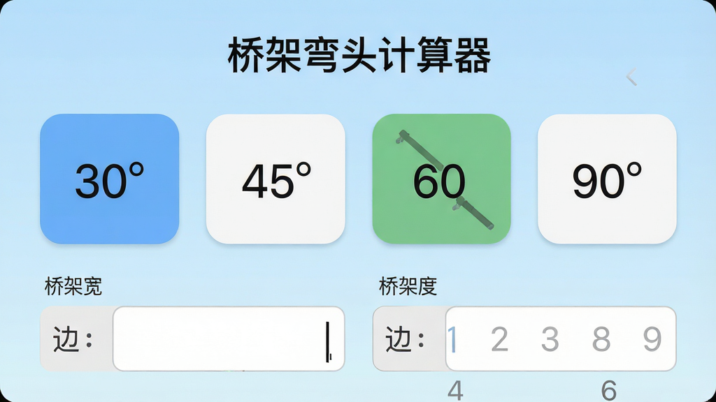 一张手机应用界面截图风格的图片,画面中央展示“桥架弯头计算器”的角度选择页面,屏幕上有30度、45度、60度、90度四个大按钮,下方有桥架宽度和边高的输入框,背景是淡蓝色渐变,布局简洁,风格扁平化,细节包括按钮的圆角、输入框的光标、数字键盘图标,画质高清,干净,无多余元素