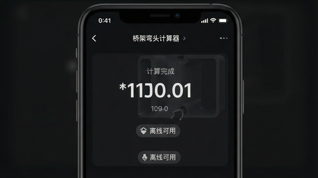 一张手机应用界面截图风格的图片,画面中“桥架弯头计算器”应用显示计算完成页面,屏幕上有结果数值和“离线可用”的提示标签,背景是深色模式,布局居中,风格现代简约,细节包括数字的字体、提示标签的图标、手机状态栏的信号图标,画质高清,干净,无多余元素