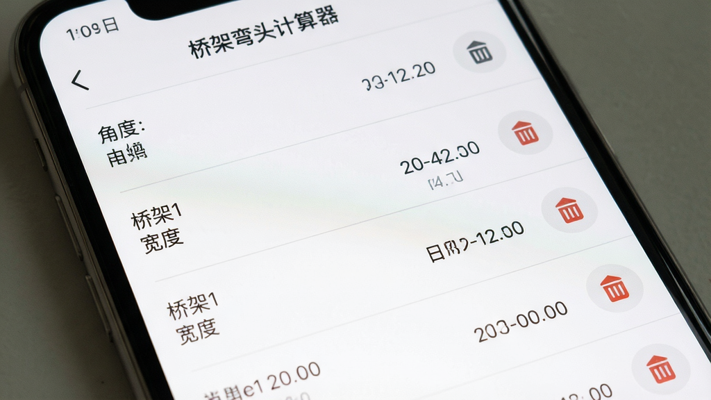 一张手机屏幕的图片,画面中“桥架弯头计算器”应用显示历史记录列表页面,屏幕上有多个计算记录条目,每条包含角度、桥架宽度和日期,背景是白色,布局为列表式,风格清爽,细节包括列表分割线、时间戳、删除按钮,画质高清,干净,无多余元素