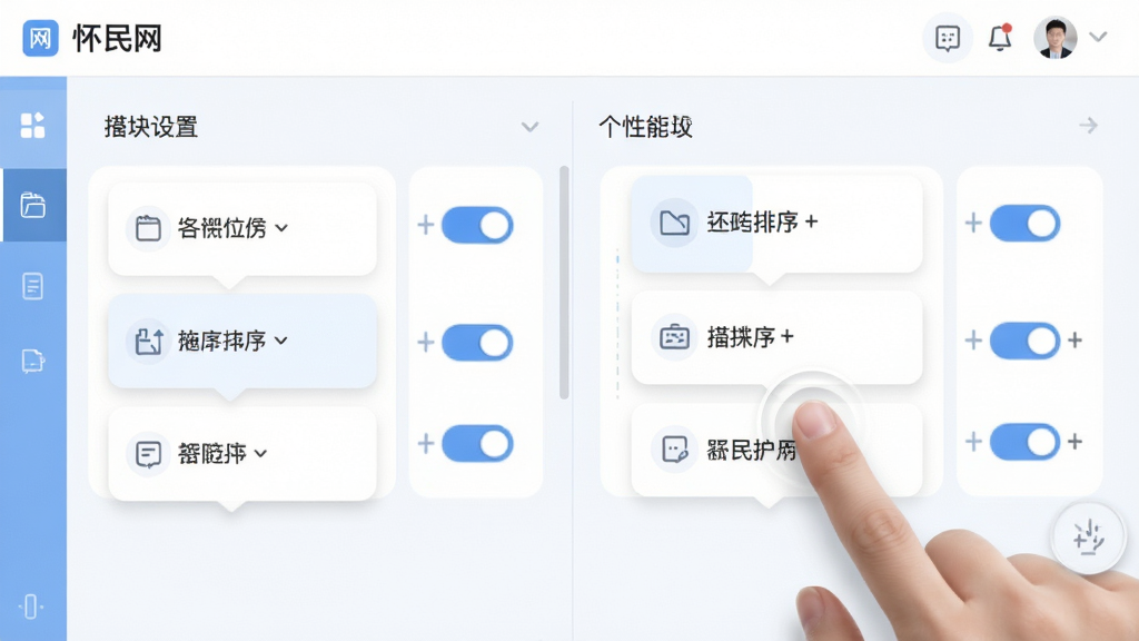 主体为“怀民网”软件界面中个性化设置面板特写,布局采用左右分栏展示功能模块拖拽排序过程,排版突出模块卡片与开关控件,风格为清爽浅色UI风格,细节上包含手指点击屏幕的示意动作与柔和阴影,画质高清,干净,无多余元素