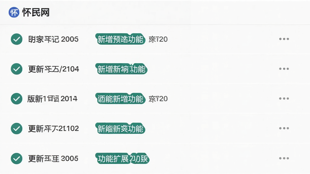 主体为“怀民网”软件更新日志页面与功能扩展模块展示,布局采用纵向列表形式排列版本更新条目,排版突出更新日期与新增功能标签,风格为简约商务风,细节上包含对勾图标与版本号标识,画质高清,干净,无多余元素