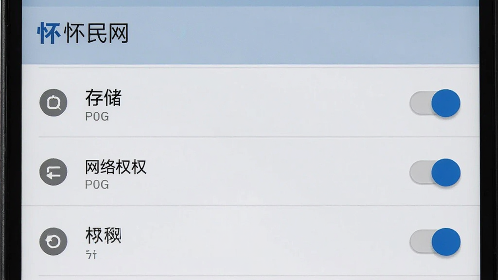 主体为安卓手机屏幕显示“怀民网”应用权限管理界面,布局采用纵向列表展示各项权限开关状态,排版突出存储与网络权限条目,风格为系统原生设置界面风格,细节上包含权限图标与开关按钮,画质高清,干净,无多余元素