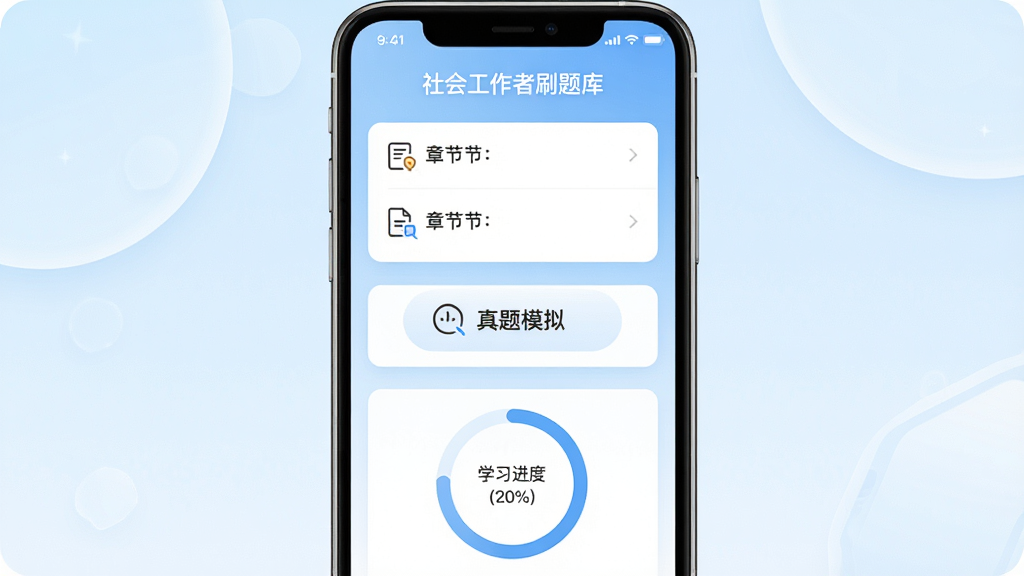 一款名为“社会工作者刷题库”的手机应用界面,画面中央展示章节列表与真题模拟两个大按钮,按钮下方有学习进度环形图,布局为上下结构,排版清晰,风格为现代教育类App的简洁设计,细节包含淡蓝色渐变背景、白色卡片、图标线条简约,画质高清,干净,无多余元素