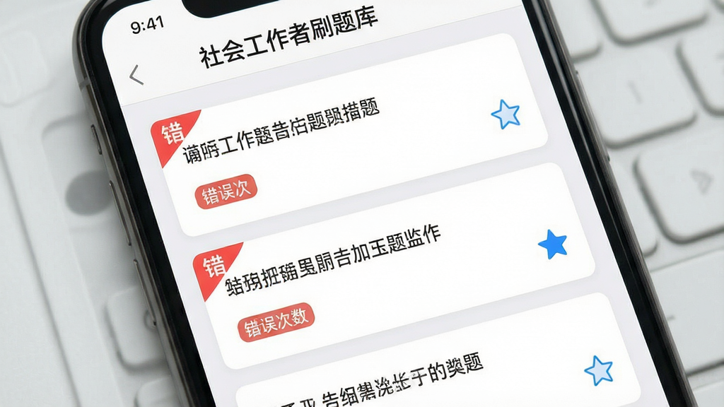 手机屏幕显示“社会工作者刷题库”的错题本页面,画面主体为错题列表卡片,每张卡片上有题目摘要与错误次数标签,右侧有收藏星标图标,布局为垂直列表,排版整齐,风格为清爽学习工具类App,细节包含浅灰色背景、白色卡片、红色错误角标、蓝色收藏图标,画质高清,干净,无多余元素