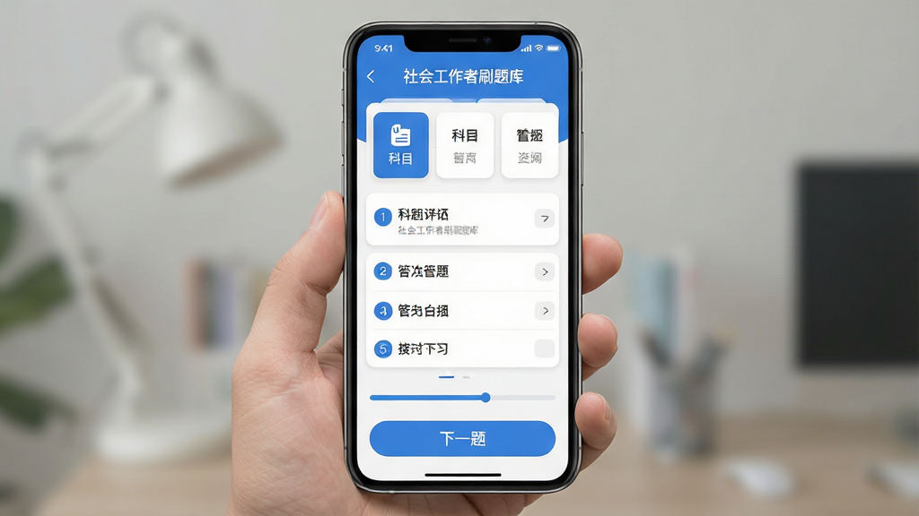 手机屏幕中显示一款名为“社会工作者刷题库”的应用界面,居中布局,上方为科目选择卡片,中部为答题选项区域,下方为进度条与下一题按钮,整体排版干净整齐,风格为清新扁平化学习类App设计,细节包含蓝色主题色、白色背景、圆角按钮、题目序号清晰可见,画质高清,干净,无多余元素