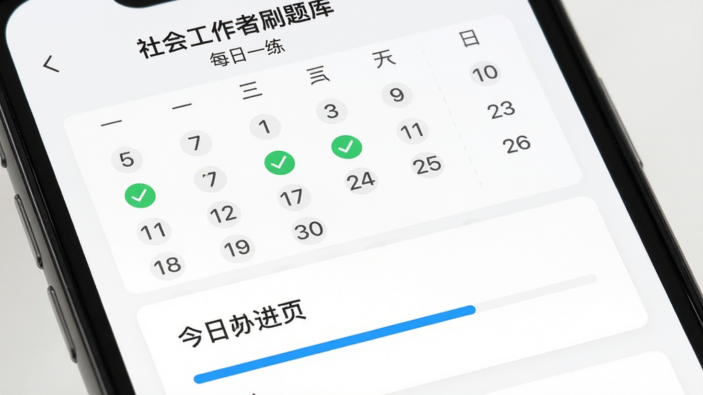 手机屏幕显示“社会工作者刷题库”的每日一练打卡页面,画面主体为日历式打卡记录与今日题目卡片,布局为上方日历下方题目,排版紧凑,风格为轻量级学习打卡类App设计,细节包含绿色打卡对勾、白色题目卡片、蓝色进度条、浅色背景,画质高清,干净,无多余元素