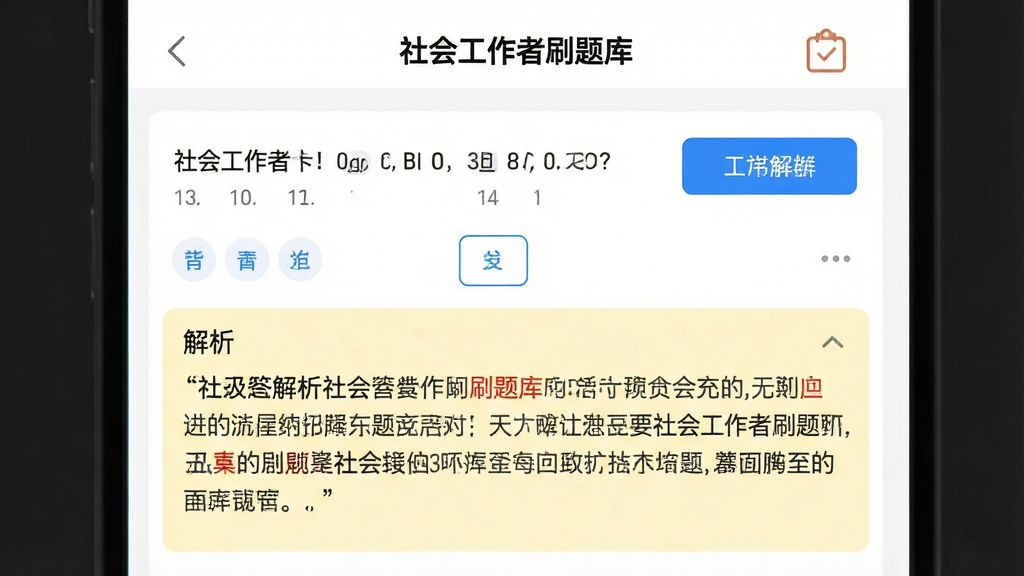 一款名为“社会工作者刷题库”的应用答题解析页面,画面中央为一道选择题及下方展开的解析文字区域,解析部分用浅黄色底纹突出显示,布局为上下结构,排版清晰,风格为教育类App的阅读型界面,细节包含白色背景、蓝色选项按钮、灰色解析文字、重点词红色标注,画质高清,干净,无多余元素