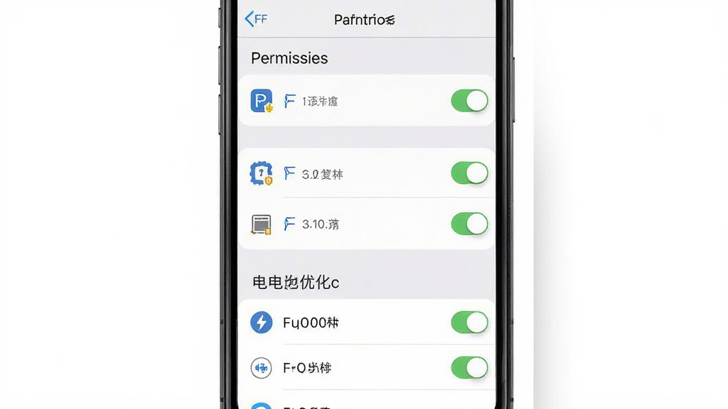 FF文件浏览器权限设置与后台管理示意图,主体为手机屏幕显示权限开关与电池优化界面,布局为竖向列表排列,排版简洁明了,风格为系统原生设置风格,细节包含权限图标与开关按钮,画质高清干净无多余元素