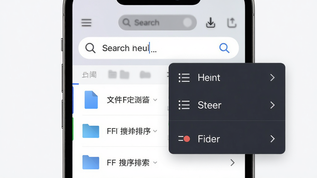 FF文件浏览器搜索与排序功能展示图,主体为手机界面中的搜索输入框与排序菜单,布局为顶部搜索栏加中部文件列表,排版清晰疏朗,风格为简约商务风,细节包含放大镜图标与排序箭头标识,画质高清干净无多余元素