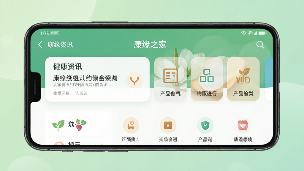 康缘之家手机应用主界面展示,画面中央是一部智能手机,屏幕显示康缘之家APP首页,页面包含健康资讯卡片和产品分类图标,背景为浅绿色渐变,风格清新简洁,细节清晰,画质干净,无多余元素