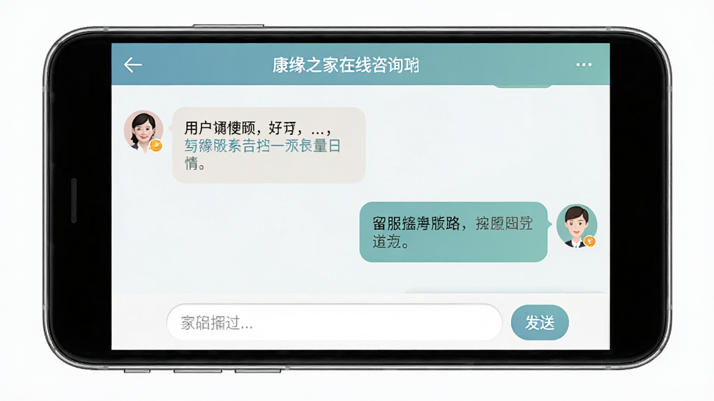 康缘之家在线咨询功能界面,手机屏幕显示对话窗口,左侧为用户提问气泡,右侧为客服回复气泡,底部有输入框和发送按钮,界面配色柔和,风格专业,画质清晰,无多余元素