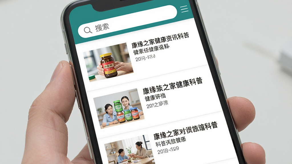 康缘之家健康资讯页面展示,手机屏幕显示多篇健康科普文章列表,每篇文章配有缩略图和标题,页面顶部有搜索栏,整体布局清晰,风格简约,画质干净,无多余元素