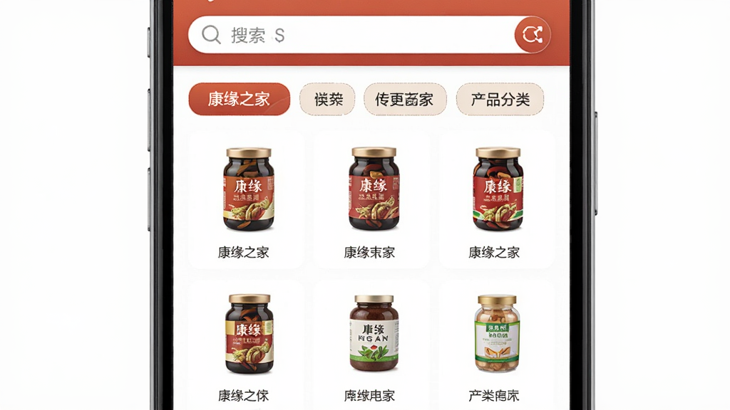 康缘之家产品分类页面展示,手机屏幕显示多个产品分类标签和产品列表,每个产品配有图片和名称,页面顶部有搜索框,风格整洁,画质清晰,无多余元素