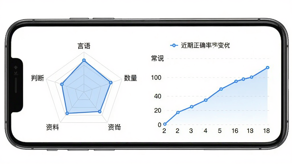 公务员行测刷题库软件数据统计页面截图,手机屏幕展示雷达图和正确率曲线图,雷达图五个维度分别为言语、数量、判断、资料、常识,曲线图显示近期正确率变化,背景为白色,风格简洁商务,细节清晰,画质高清,干净无多余元素