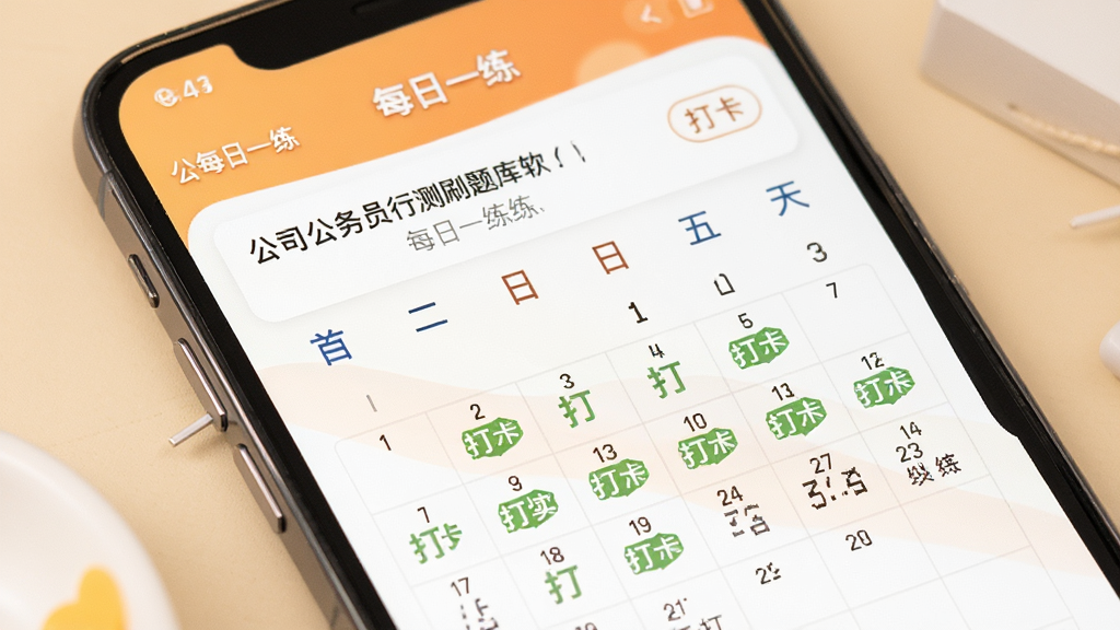 公务员行测刷题库软件每日一练界面截图,手机屏幕显示每日一练题目和打卡日历,日历上有连续打卡标记,背景为暖色调,风格温馨激励,细节清晰,画质高清,干净无多余元素