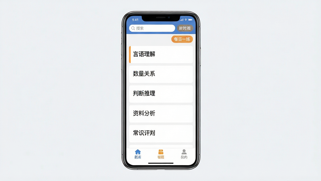 公务员行测刷题库软件主界面截图,画面中央展示手机屏幕,屏幕内呈现行测刷题应用首页,包含言语理解、数量关系、判断推理、资料分析、常识判断五大模块入口,顶部有搜索栏和每日一练按钮,底部有题库、错题、我的导航栏,背景干净简洁,风格为现代扁平化设计,细节清晰,画质高清,干净无多余元素
