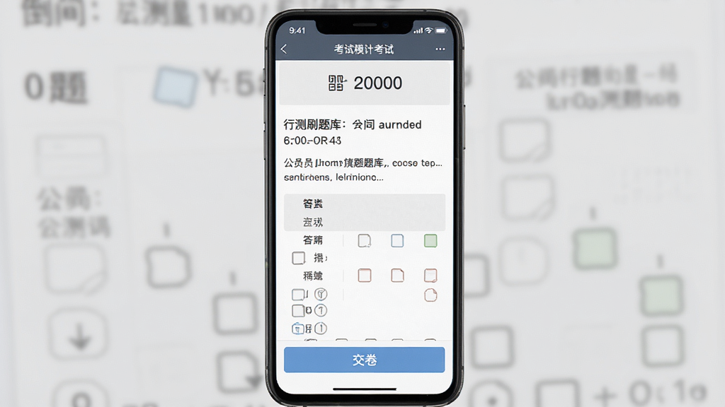 公务员行测刷题库软件模拟考试界面截图,手机屏幕显示考试倒计时、题目内容和答题卡,底部有交卷按钮,背景为淡灰色,风格严肃沉稳,细节清晰,画质高清,干净无多余元素